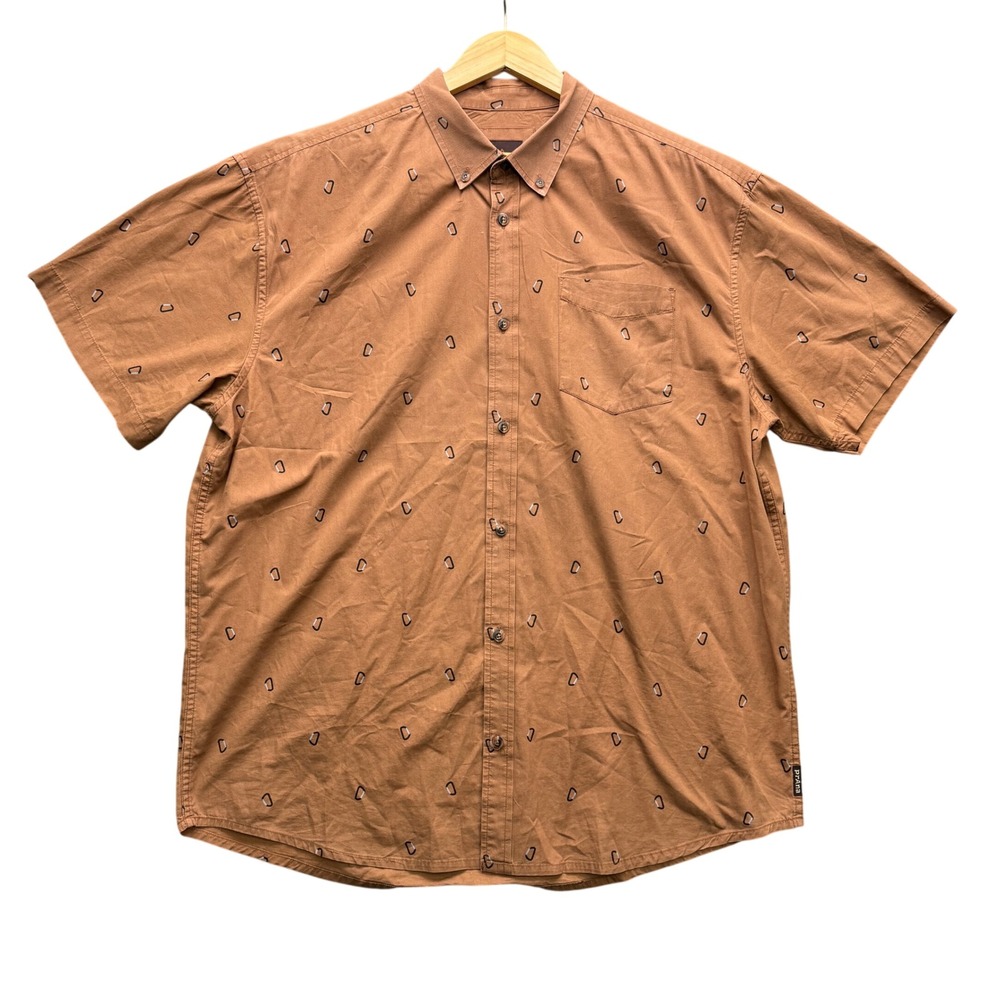 Prana Carabiner Print Button Shirt Mens XXL Brown Short Sleeve Organic Cotton